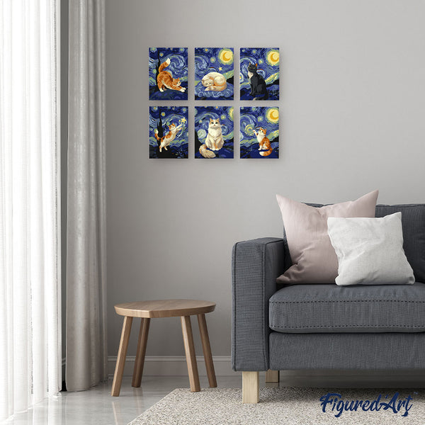 Mini Paint by numbers 6"x8" (6 pieces) - Starry Night Cats