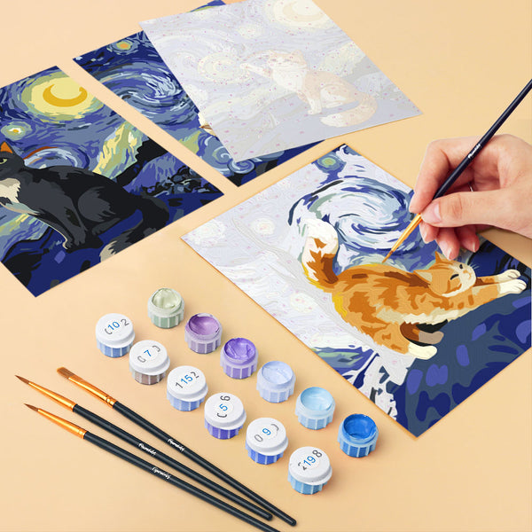 Mini Paint by numbers 6"x8" (6 pieces) - Starry Night Cats