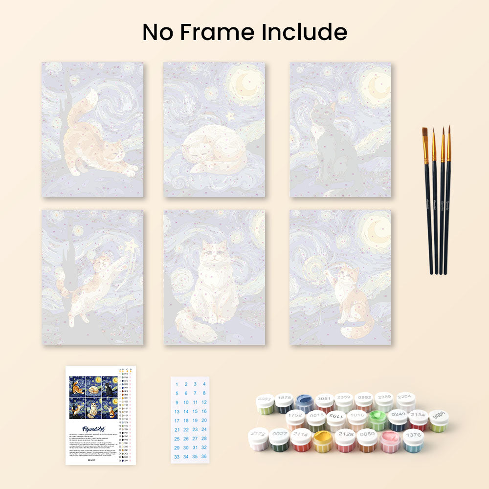 Mini Paint by numbers 6"x8" (6 pieces) - Starry Night Cats