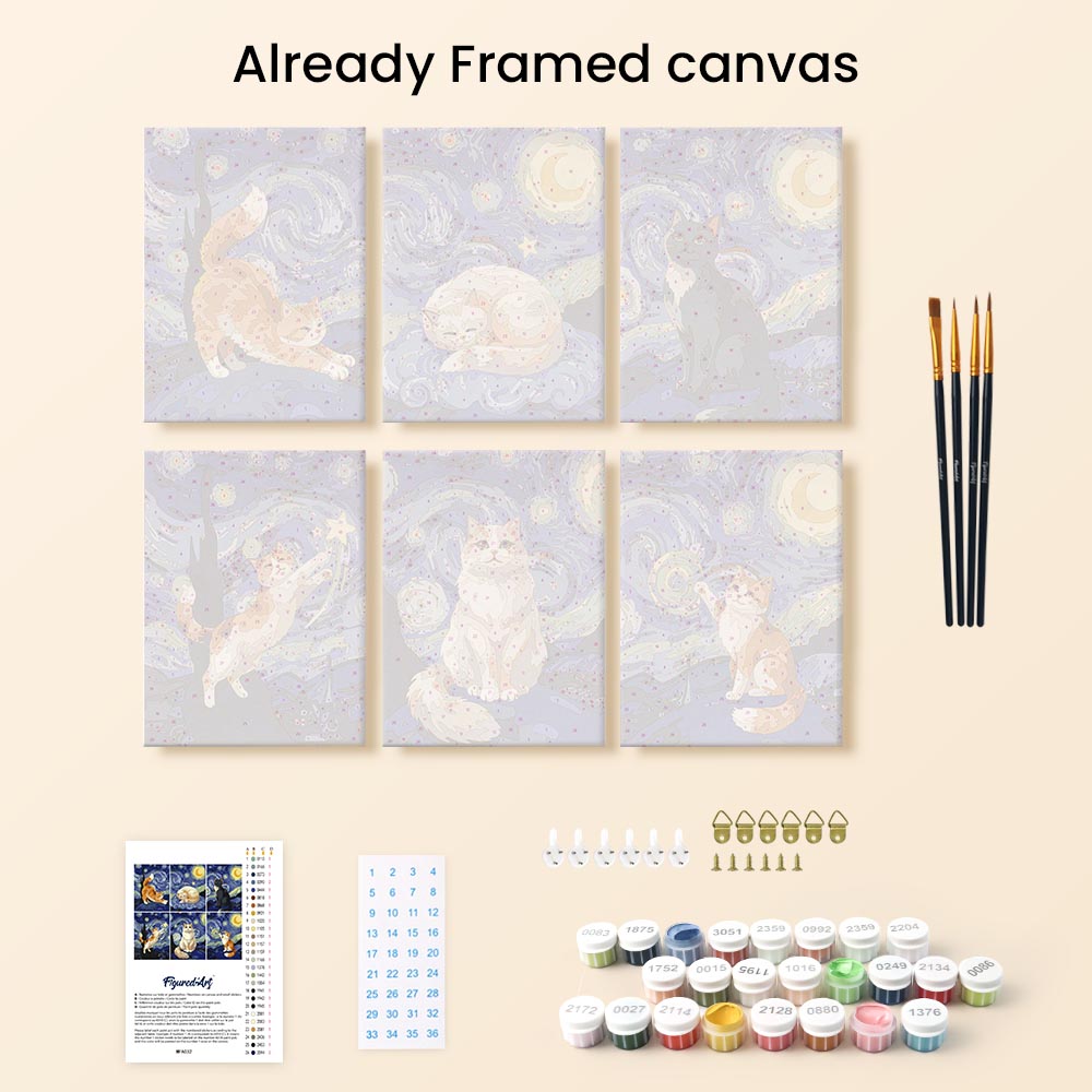 Mini Paint by numbers 6"x8" (6 pieces) - Starry Night Cats