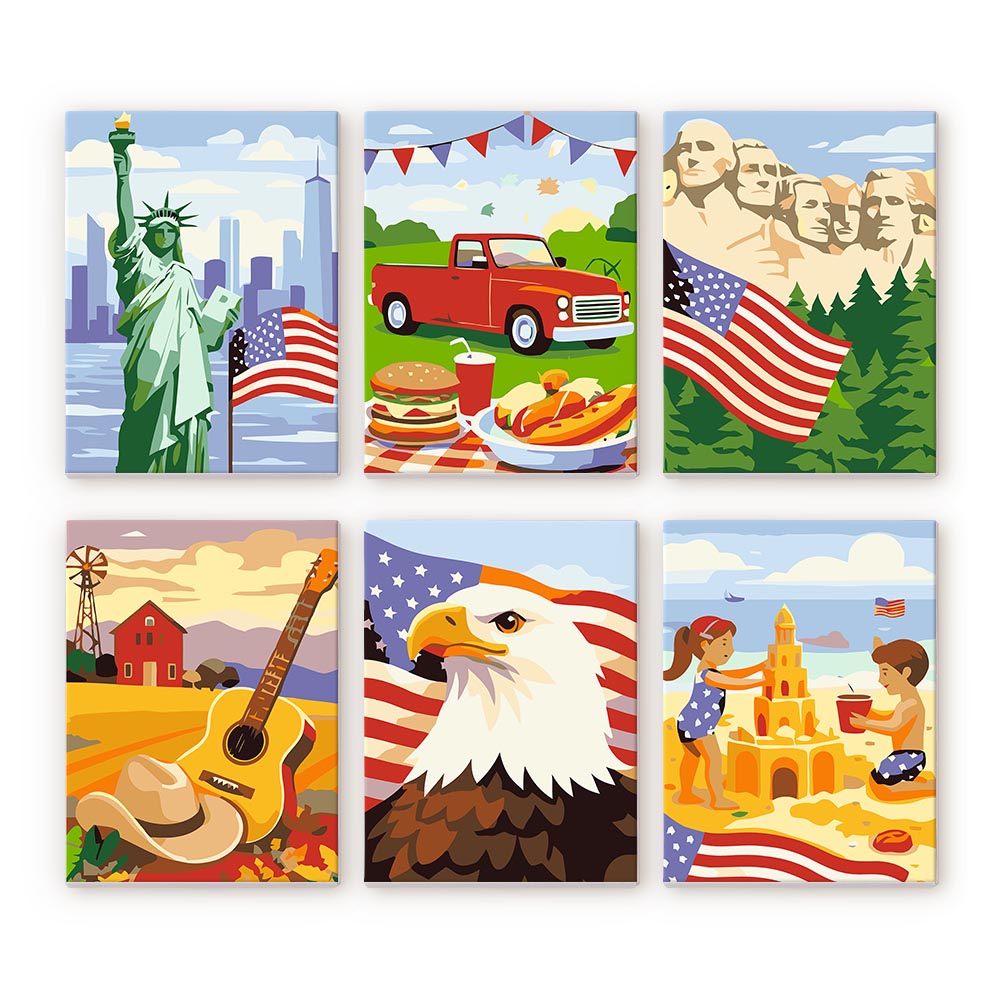 Mini Paint by numbers 6"x8" (6 pieces) - Hello USA Figured'Art