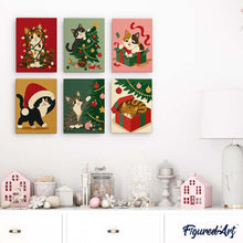 Load image into Gallery viewer, Mini Paint by numbers 6"x8" (6 pieces) - Christmas Kitten Fun