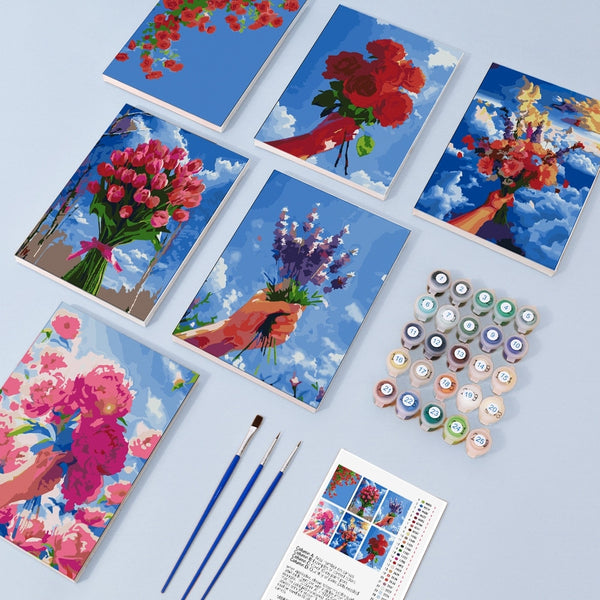 Paint by Numbers – 6 Canvas Set | Flower Bouquets in the Sky