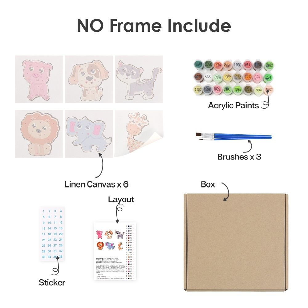 Paint by Numbers – 6 Canvas Set | Cute Animals