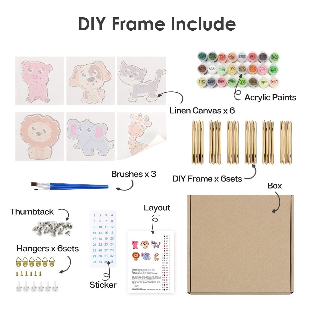 Paint by Numbers – 6 Canvas Set | Cute Animals