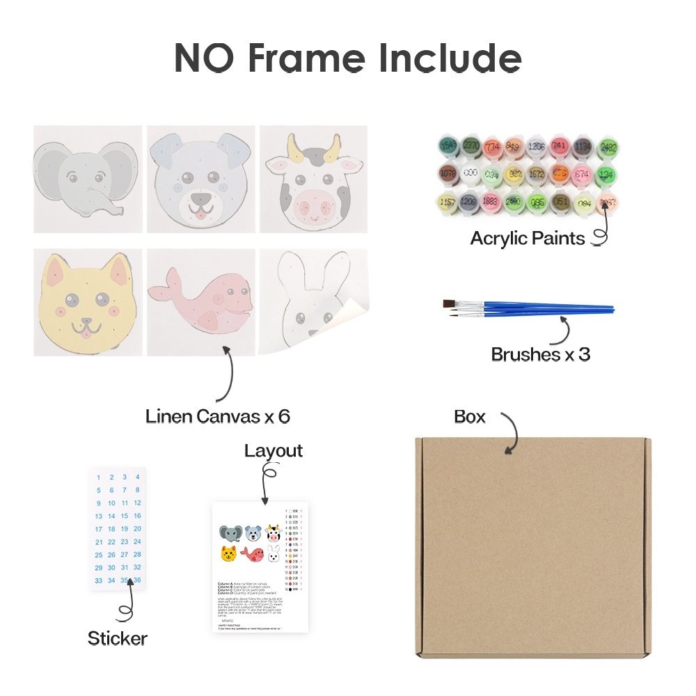 Paint by Numbers – 6 Canvas Set | Cute Animal Faces