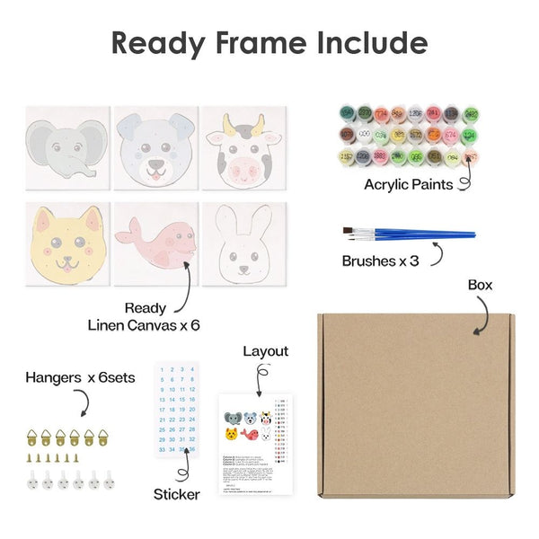 Paint by Numbers – 6 Canvas Set | Cute Animal Faces