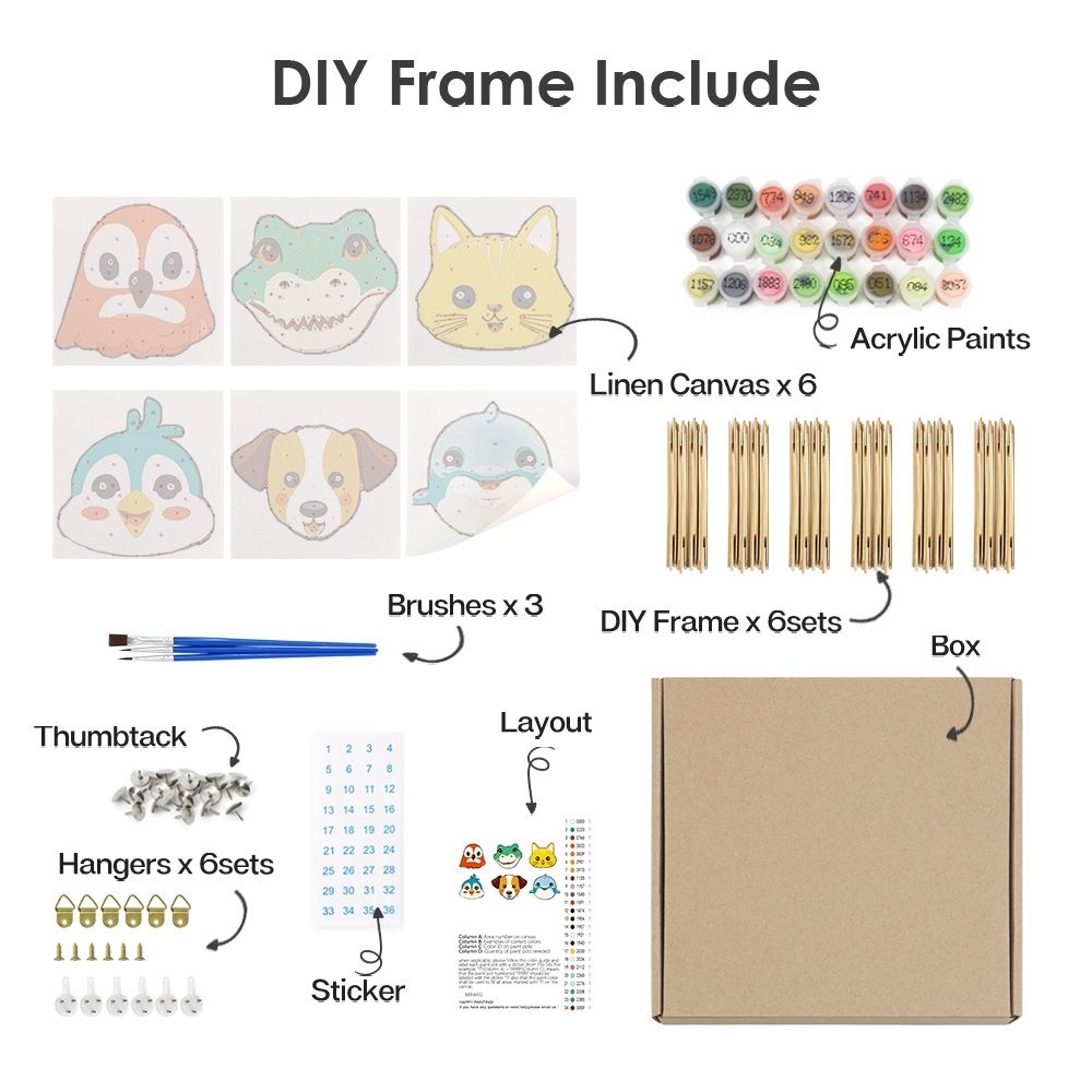 Paint by Numbers – 6 Canvas Set | Cute Animal Faces 3