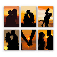 Load image into Gallery viewer, Mini Paint by numbers 6&quot;x8&quot; (6 pieces) - Romantic Sunset Silhouettes