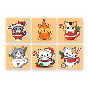 Mini Paint by numbers 8"x8" (6 pieces) - Christmas Cats in Cups