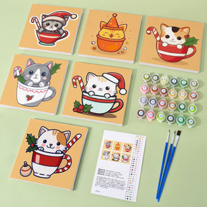 Mini Paint by numbers 8"x8" (6 pieces) - Christmas Cats in Cups