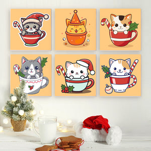 Mini Paint by numbers 8"x8" (6 pieces) - Christmas Cats in Cups