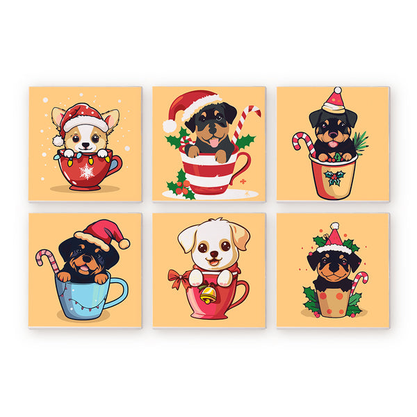 Mini Paint by numbers 8"x8" (6 pieces) - Christmas Dogs in Cups