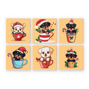 Mini Paint by numbers 8"x8" (6 pieces) - Christmas Dogs in Cups