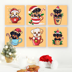 Mini Paint by numbers 8"x8" (6 pieces) - Christmas Dogs in Cups