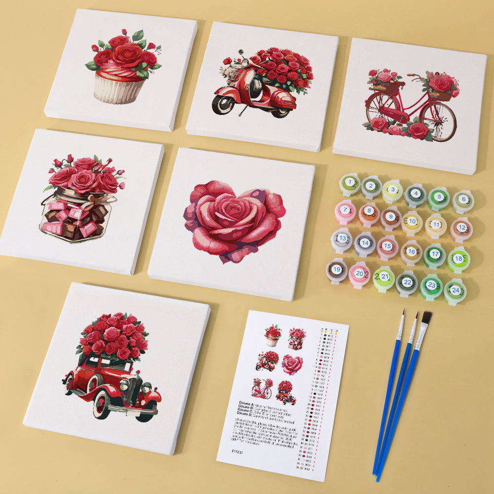 Mini Paint by numbers 6"x6" (6 pieces) - Red Rose Valentine's Day Series 1