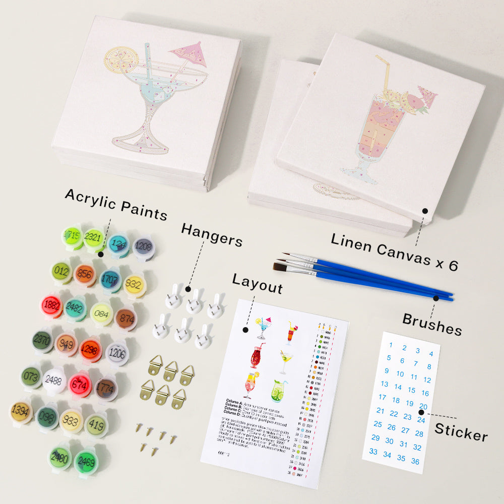 Mini Paint by numbers 6"x6" (6 pieces) - Cocktail Wall Art Series
