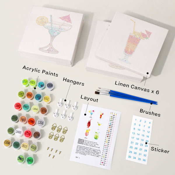 Mini Paint by numbers 6"x6" (6 pieces) - Cocktail Wall Art Series