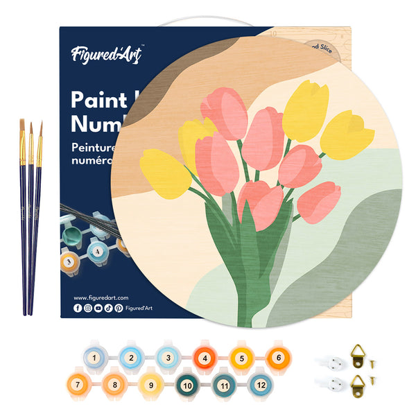 Paint by numbers on Wood Slice - Bouquet of Tulips