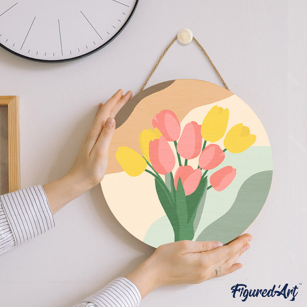 Paint by numbers on Wood Slice - Bouquet of Tulips