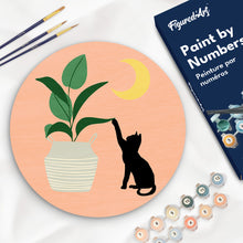 Load image into Gallery viewer, Paint by numbers on Wood Slice - Cat plays with plant in the moonlight Figured'Art USA