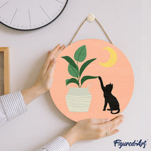 Load image into Gallery viewer, Paint by numbers on Wood Slice - Cat plays with plant in the moonlight