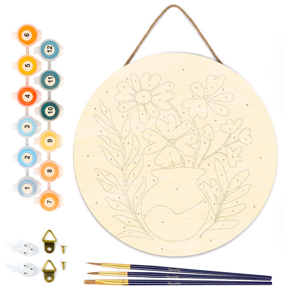Paint by numbers on Wood Slice - Pot of Flowers