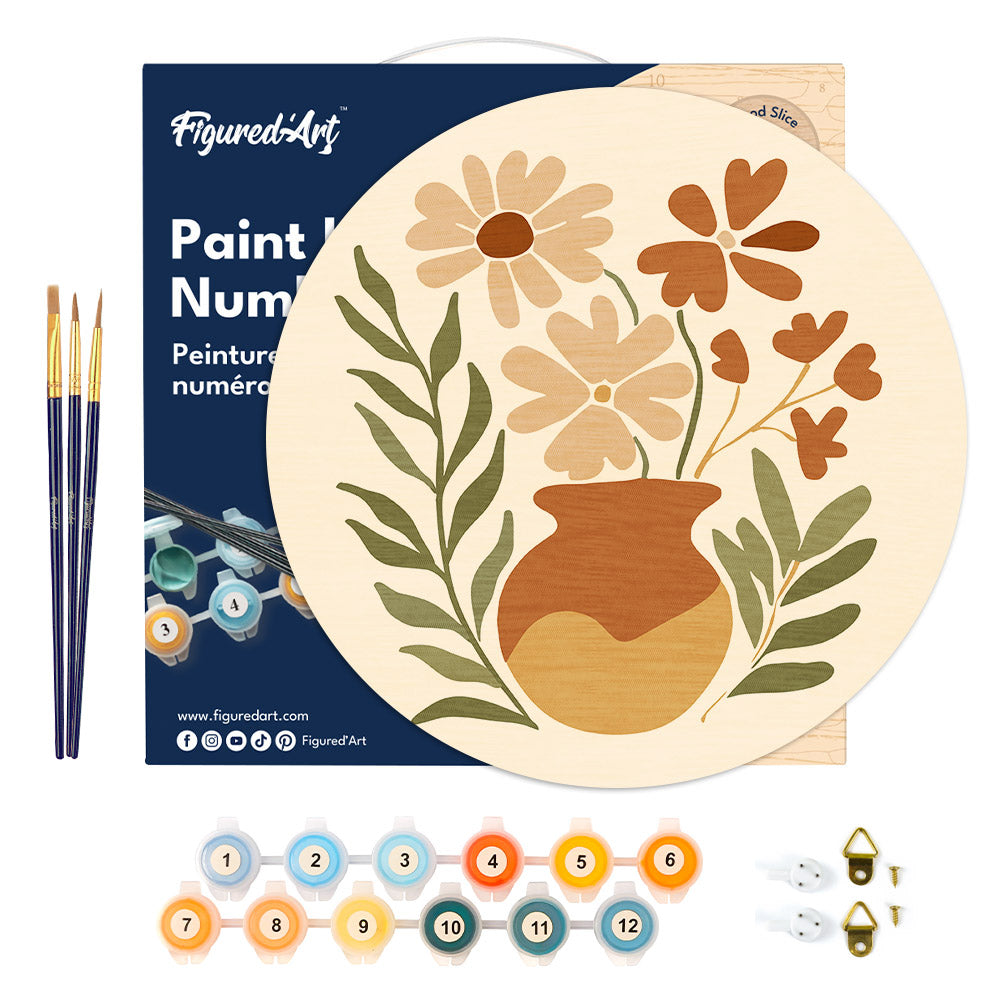 Paint by numbers on Wood Slice - Pot of Flowers
