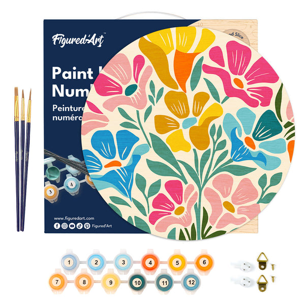 Paint by numbers on Wood Slice - Colorful Floral Pattern