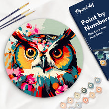 Load image into Gallery viewer, Paint by numbers on Wood Slice - Fantasy owl with flowers Figured'Art USA