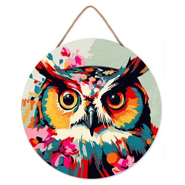 Paint by numbers on Wood Slice - Fantasy owl with flowers