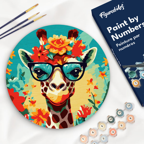 Paint by numbers on Wood Slice - Fantasy Giraffe and Flowers Figured'Art USA