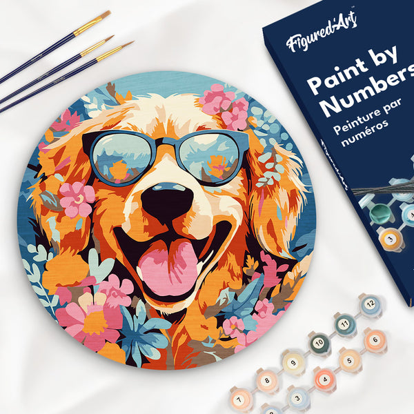 Paint by numbers on Wood Slice - Fantasy Dog and Flowers Figured'Art USA