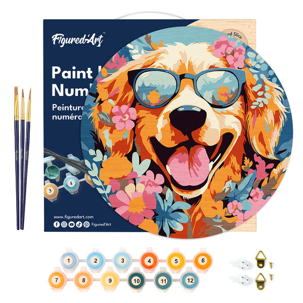 Paint by numbers on Wood Slice - Fantasy Dog and Flowers
