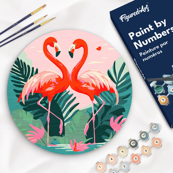 Paint by numbers on Wood Slice - Tropical Flamingos Figured'Art USA