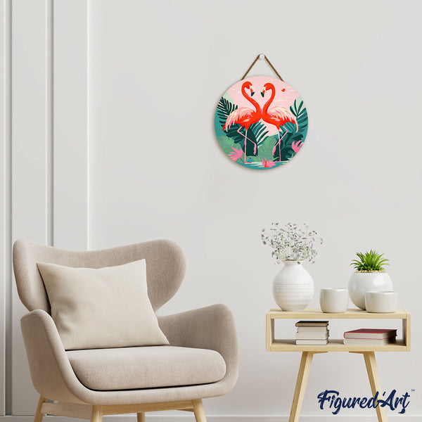 Paint by numbers on Wood Slice - Tropical Flamingos
