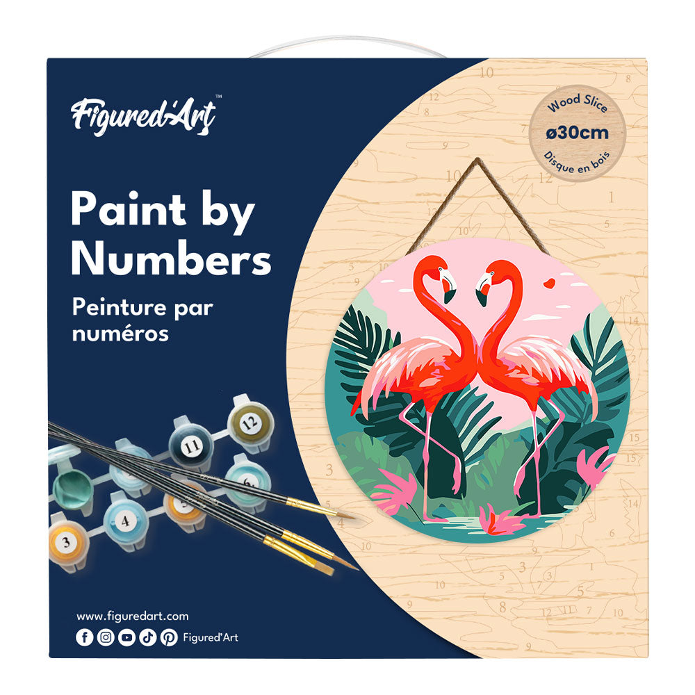 Paint by numbers on Wood Slice - Tropical Flamingos
