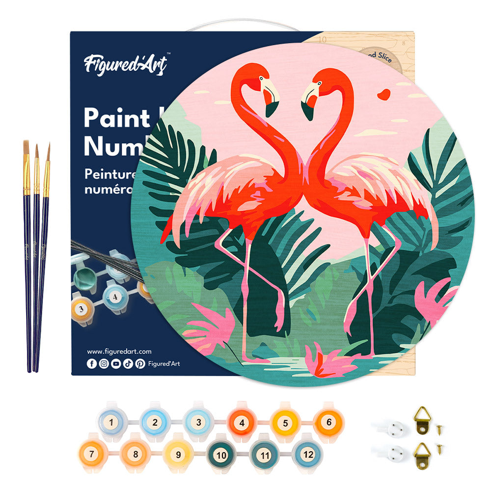 Paint by numbers on Wood Slice - Tropical Flamingos