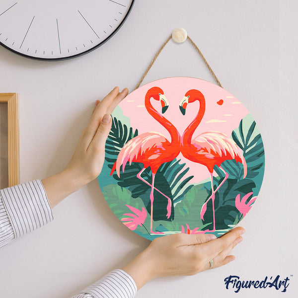 Paint by numbers on Wood Slice - Tropical Flamingos