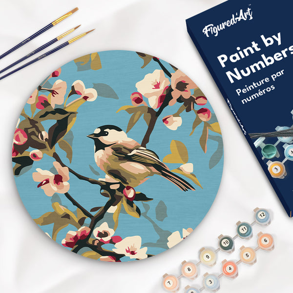 Paint by numbers on Wood Slice - Bird on Branch Figured'Art USA