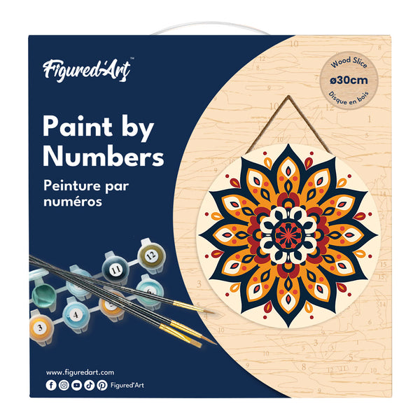 Paint by numbers on Wood Slice - Sunburst Mandala