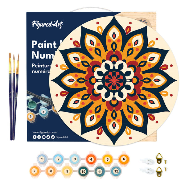Paint by numbers on Wood Slice - Sunburst Mandala