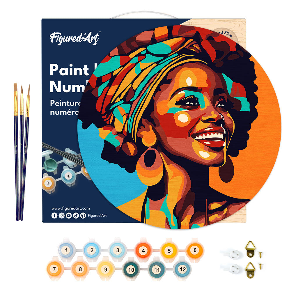 Paint by numbers on Wood Slice - African Queen Pop Art