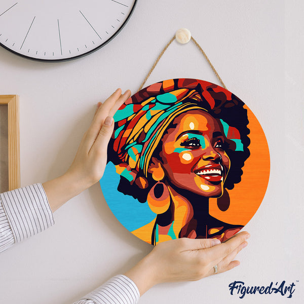 Paint by numbers on Wood Slice - African Queen Pop Art