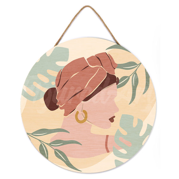 Paint by numbers on Wood Slice - Abstract Woman in Blush Red Turban