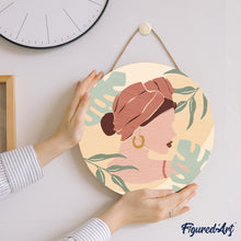 Load image into Gallery viewer, Paint by numbers on Wood Slice - Abstract Woman in Blush Red Turban