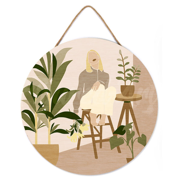 Paint by numbers on Wood Slice - Woman in the room with plants