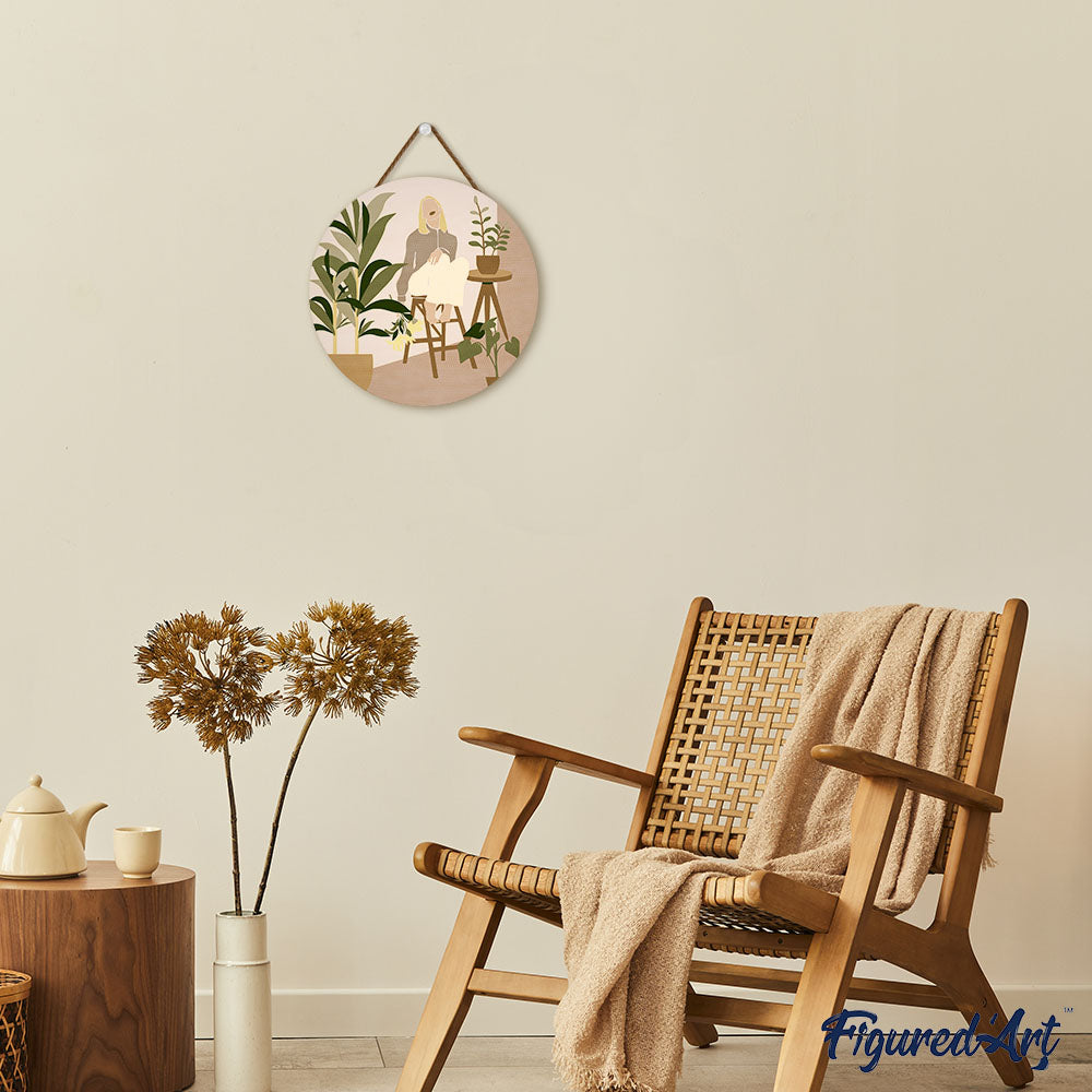 Paint by numbers on Wood Slice - Woman in the room with plants