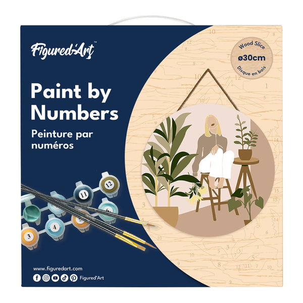Paint by numbers on Wood Slice - Woman in the room with plants