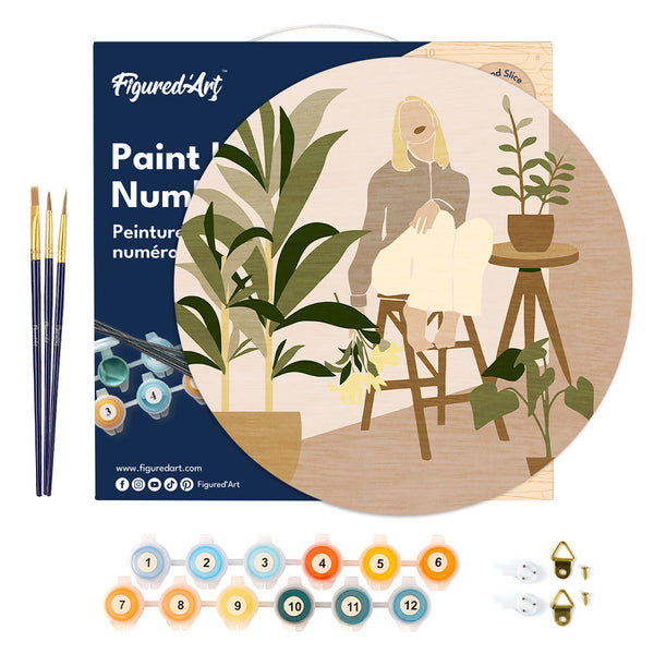 Paint by numbers on Wood Slice - Woman in the room with plants